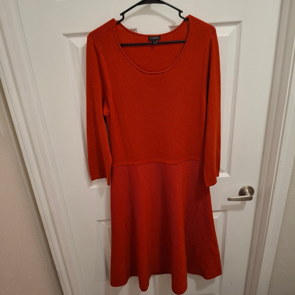 Talbots‎ Women's Size L Knit Sweater Dress Orange Ribbed Fit and Flare
